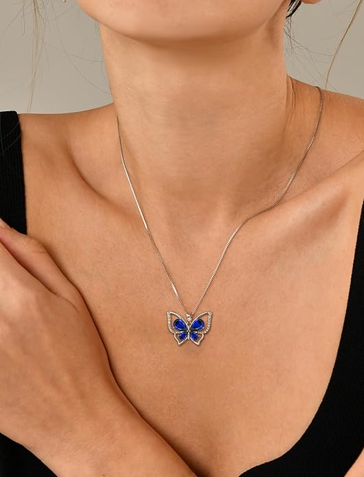 YL Women's Butterfly Necklace 925 Sterling Silver Flower Rose Pendant Birthstone Halo Jewelry