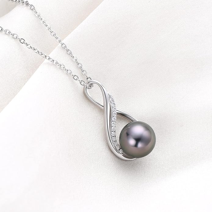 DENGGUANG Tahitian Black Pearl Necklace for Women Genuine 9-10mm Round Tahitian Cultured Pearls Pendant 18K Gold Plated 925 Sterling Silver - Jewelry Gifts for Mom Wife Daughter