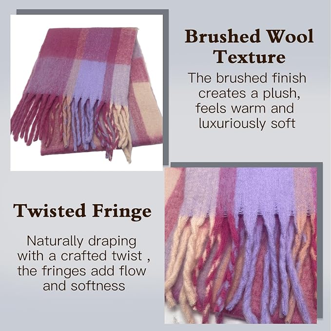 SHOHOKU Large Chunky Plaid Scarf Coloured Checked Oversized Scarf Tassel Soft Fall Winter Thick Warm Shawl Women