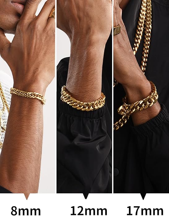 ChainsHouse Stainless Steel Cuban Link Bracelet, 8mm/12mm/17mm Width, 7.5"/8.3"/9", 18K Gold Plated Chain Wrist Bracelets for Men Women, Send Gift Box