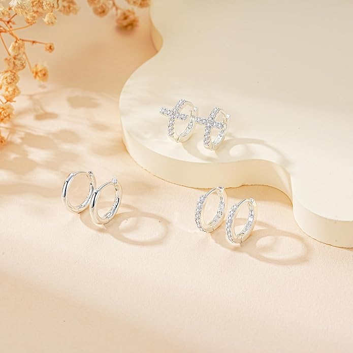 DORANA Valentines Day Gift 3 Pairs 925 Sterling Silver Earrings for Women Girls Non Tarnish Small Hypoallergenic Huggie Hoops Cartilage Stack Earring Sets for Multiple Piercing
