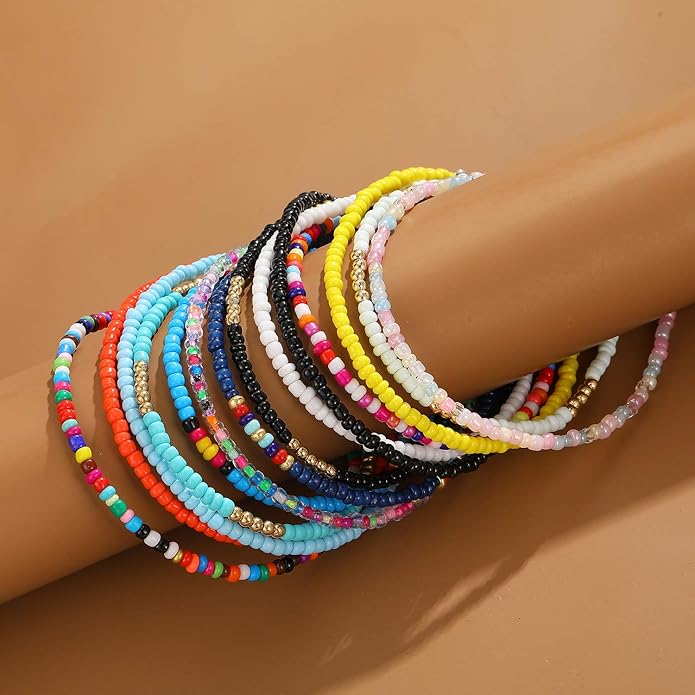 XIJIN 8Pcs Handmade Beaded Anklets for Women Boho Colorful Beads Ankle Bracelets Adjustable Foot Anklet Set
