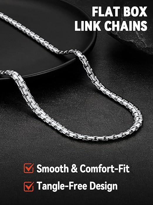 FaithHeart Mens Black/Silver/Gold Stainless Steel Flat Box Link Chain Necklace, Stylish 2/4/6/8mm Width Box Chains Necklaces for Men Non Tarnish Hip Hop Chain Jewelry Gifts,14"-30" Length