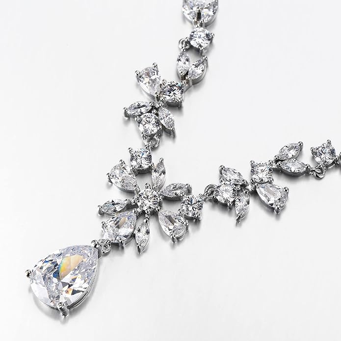 EleQueen Women's Wedding Bridal Jewelry Set for Brides Bridesmaids, Silver/14K Gold/Rose Gold Plated Cubic Zirconia Teardrop Necklace Dangle Earrings Bracelet Sets for Party Prom