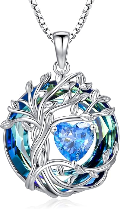 TOUPOP Christmas Gifts Tree of Life Birthstone Necklace 925 Sterling Silver Pendant Austrian Crystal Jewelry Anniversary Birthday Gifts for Women Mom Her Wife