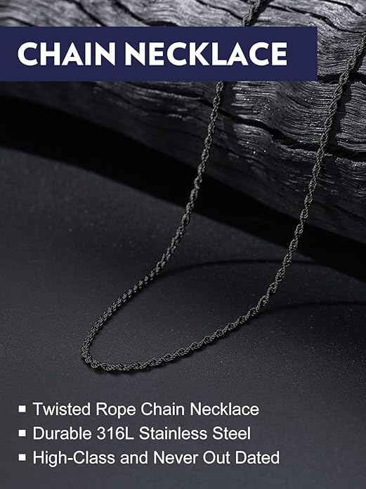 Bandmax Solid 1.5mm/2mm/3mm/6mm Rope Chains for Men Women 14K Gold Plated/Black Plated Stainless Steel Twist Chain 16-30 Inches, with Gift Box