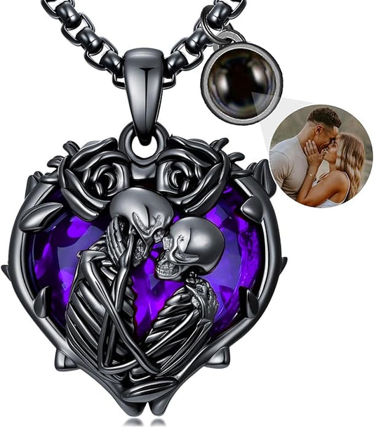 Flpruy 925 Sterling Silver Black Gothic Jewelry Gifts Skeleton Couple Pendant Crystal Birthstone Heart Necklace Punk Romantic Jewelry for Lover Men Women