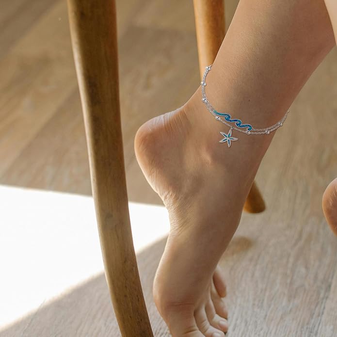 YFN Wave Anklet 925 Sterling Silver Ocean Wave Layered Ankle Bracelet Wave Beach Jewelry for Women Gifts