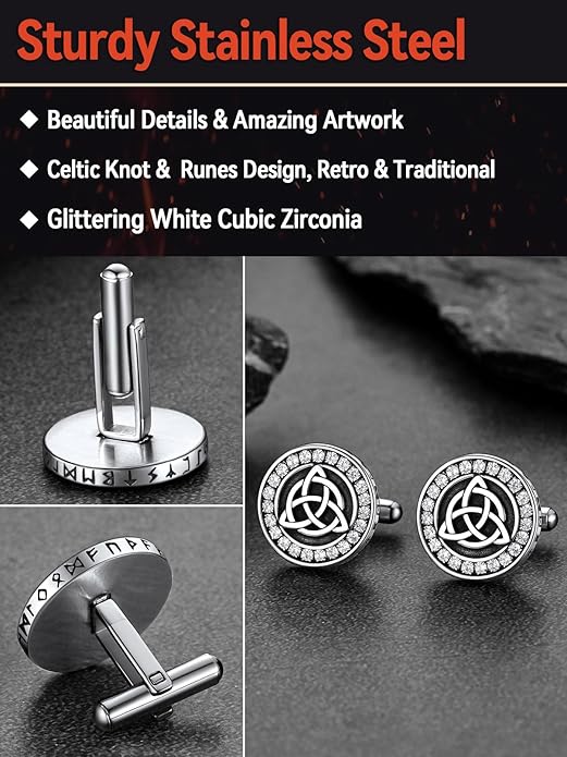 FaithHeart Mens Cufflinks, Norse Viking Tuxedo Shirt Cuff Links, Stainless Steel Cuff Links and Shirt Studs, Gift Box