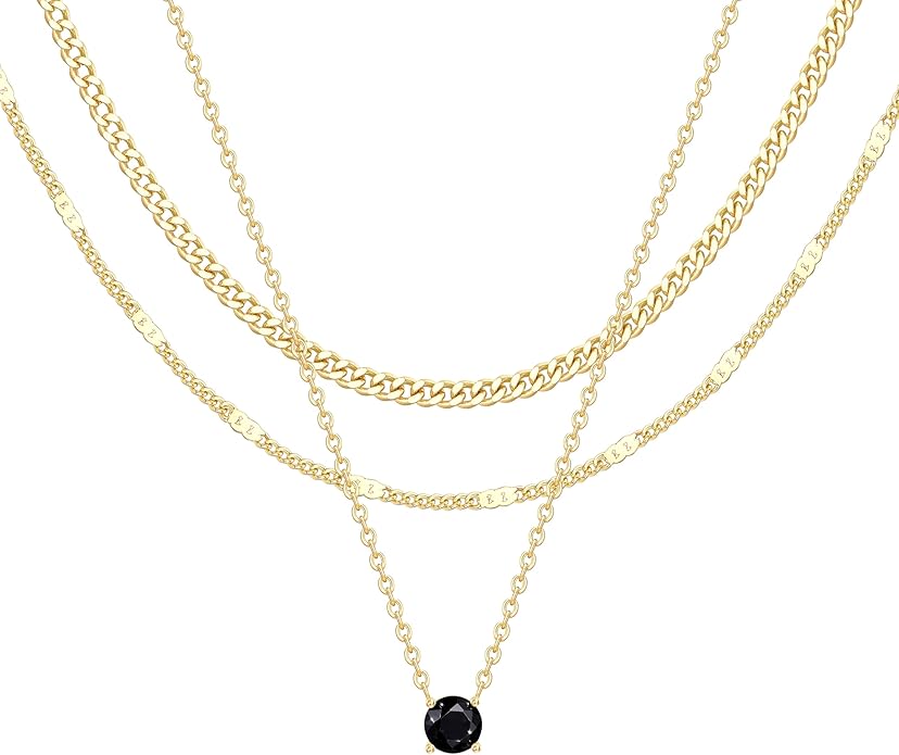 WomenGifts Layered Gold Necklaces for Women, 14K Gold Sterling Silver Plated Dainty Pendant Necklace Set with Cubic Zirconia Circle, Chunky Stackable Cuban Chain Choker, Trendy Personalized Birthstone Jewelry Gift Non Tarnish