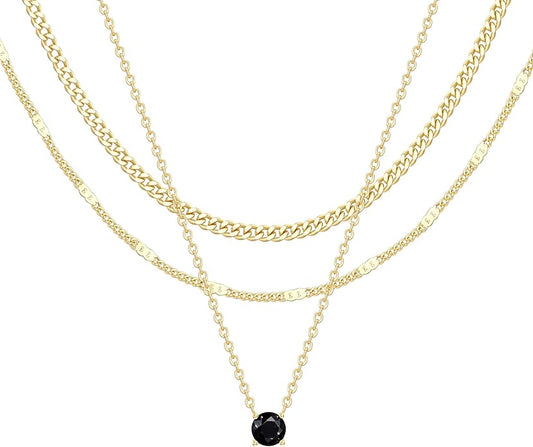 WomenGifts Layered Gold Necklaces for Women, 14K Gold Sterling Silver Plated Dainty Pendant Necklace Set with Cubic Zirconia Circle, Chunky Stackable Cuban Chain Choker, Trendy Personalized Birthstone Jewelry Gift Non Tarnish