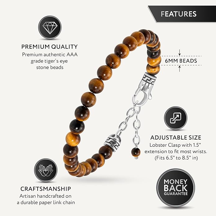 RTZN® Tigers Eye Bracelet for Men – Premium Artisan Handcrafted Golden Brown Tiger Eye Bead Bracelets – Natural Stone Tiger Eye Bracelet Men – Beaded Bracelets for Men
