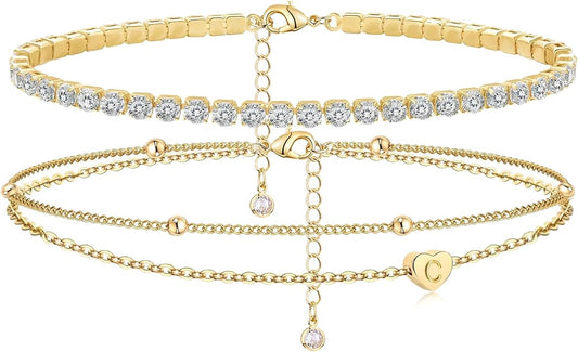 Initial Ankle Bracelets for Women, Dainty Gold Layered Heart CZ Bead Anklets, 14K Gold Plated Waterproof Summer Beach Jewelry Set
