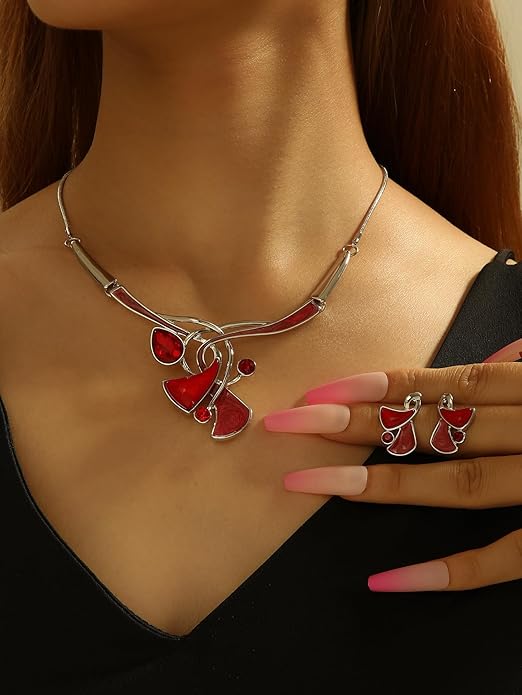 Chunky Statement Jewelry Set Vintage Retro Leaf Flower Floral Geometric Bohemian Boho Bib Necklace Earring Set Fashion Costume Jewelry for Women Girls Wedding Party Prom Unique Gift