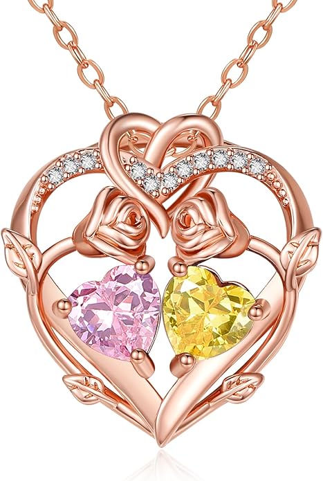 Rose Gold Necklaces for Women Double Birthstone Rose Flower Heart Pendant Necklace Jewelry Anniversary Christmas Valentine's Mother's Day Birthday Gift for Wife Mom Her Girlfriend Sister