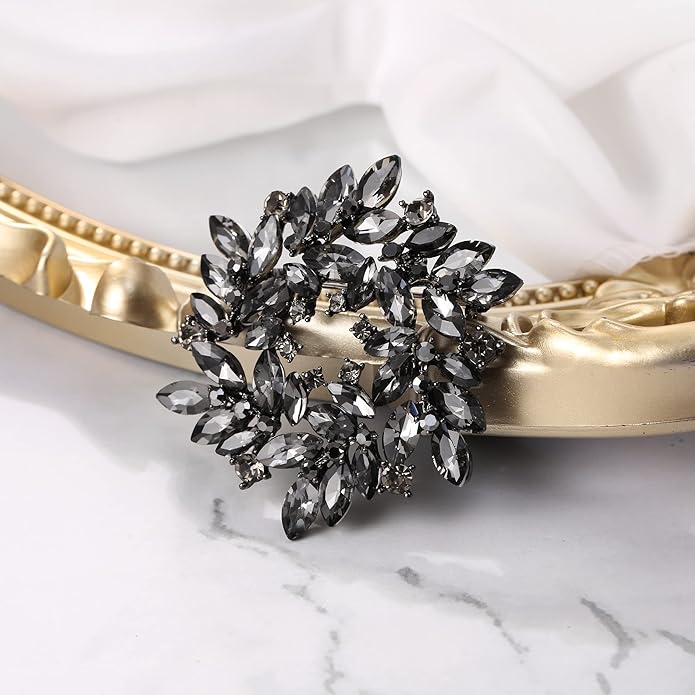 BriLove Austrian Crystal Rhinestone Elegant Flower Marquise Wreath Brooches for Women