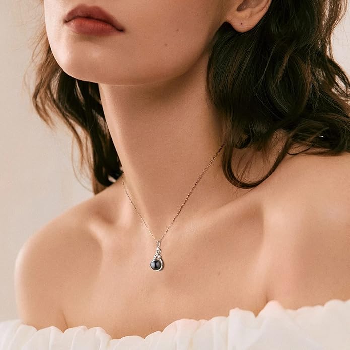 DENGGUANG Tahitian Black Pearl Necklace for Women Genuine 9-10mm Round Tahitian Cultured Pearls Pendant 18K Gold Plated 925 Sterling Silver - Jewelry Gifts for Mom Wife Daughter