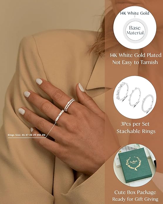 FUNEIA Stackable Silver Gold Rings for Women Non Tarnish 14K Gold Plated Thumb Cubic Zirconia Rings for Women Dainty Pinky Promise Wedding Ring Set Women's Engagement Eternity Band Rings Gold Jewelry