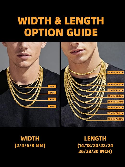Bestyle 18K Gold Plated/Silver/Black Chain for Men, Hypoallergenic 2/4/6/8mm Stainless Steel Flat Link Chain Necklace for Men & Women Hip Hop Jewelry, 14-30"