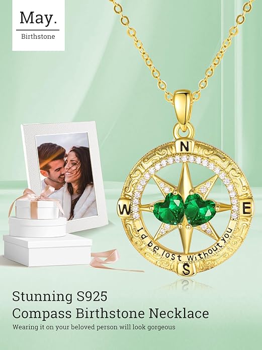 Zeuslia Double Birthstone Necklace Gifts for Wife - 925 Sterling Silver Sunflower/Rose/Crown Cross/Compass/Heart Pendant I Love You Necklace, Anniversary Birthday Gifts for Wife Girlfriend Mom Her