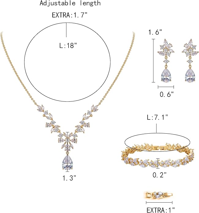 EleQueen Women's Wedding Bridal Jewelry Set for Brides Bridesmaids, Silver/14K Gold/Rose Gold Plated Cubic Zirconia Teardrop Necklace Dangle Earrings Bracelet Sets for Party Prom