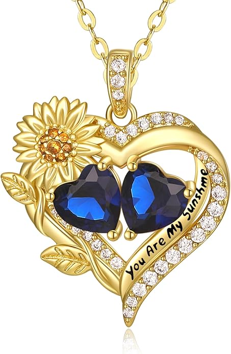 Sunflower Heart Necklace for Women 14K Gold Exquisite Anniversary Birthday Gifts for Wife Mother Her Double Birthstone Pendant jewelry‘You Are My Sunshine’