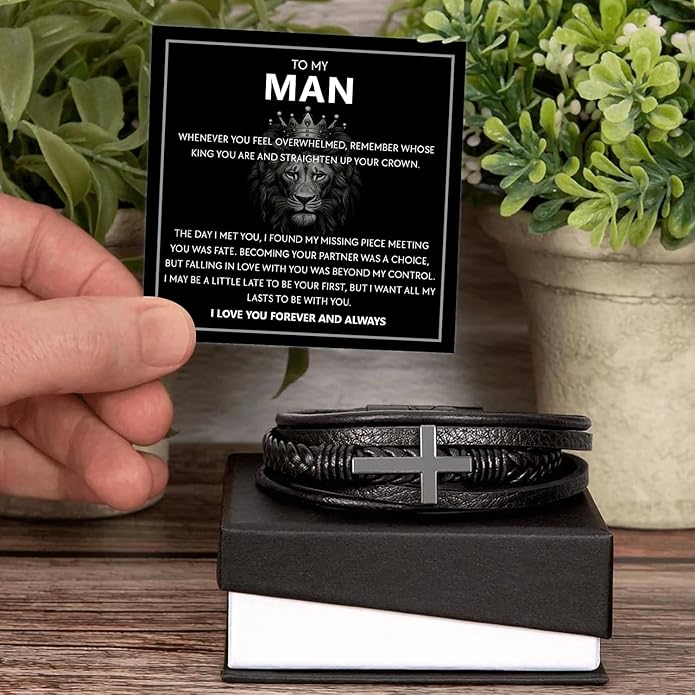Mapileng To My Man – Braided Leather & Stainless Steel Bracelet with Heartfelt ‘Love You Forever’ - Elegant Gift Box Included, Gift from Girlfriend or Wife for Husband, Boyfriend, or Brother
