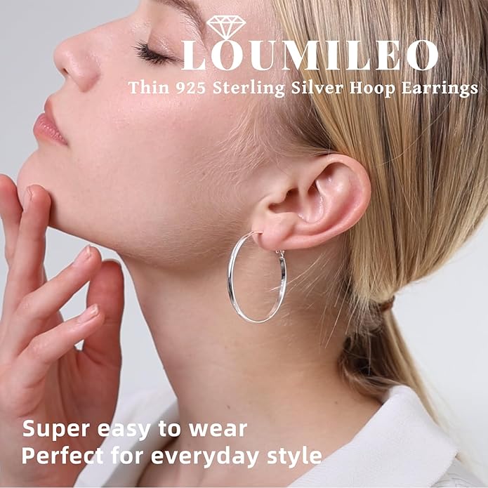 LOUMILEO 2mm Thin 925 Sterling Silver & 14k Gold Plated Hoop Earrings Large Silver Hoop Earrings Hypoallergenic Lightweight Hoops Earrings for Women 30/40/50/65MM