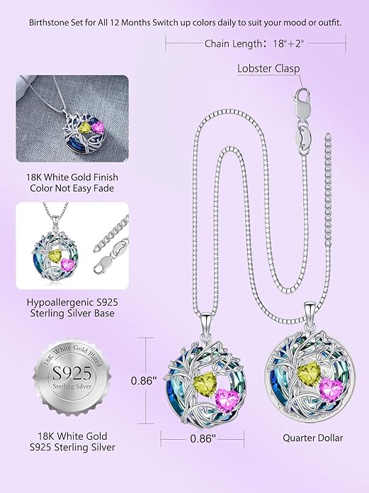 TOUPOP s925 Sterling Silver Family Celtic Tree of Life Pendant Necklaces with 2 Heart Birthstone with Blue Austrian Crystal Jewelry Birthday Anniversary Christmas Gifts for Her Wife Girlfriend Mom (18K Real White Gold Filled)