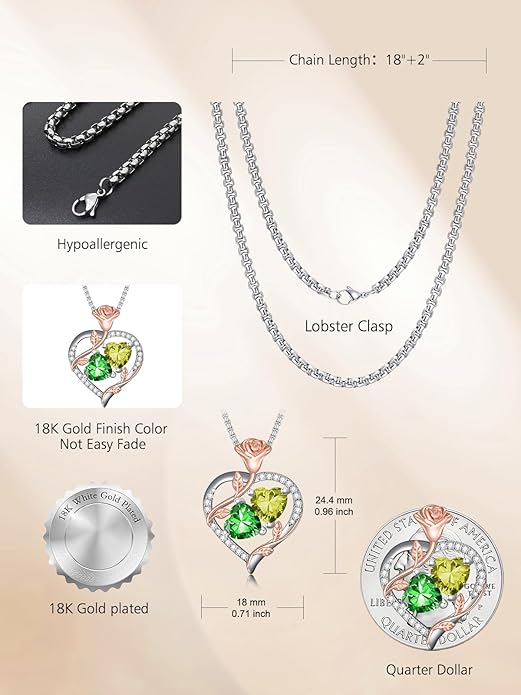 Christmas Gifts for Women Rose Heart Birthstone Pendant Necklace I Love You Forever Jewelry Valentine Mothers Day Birthday Gifts for Women Her Wife Girlfriend