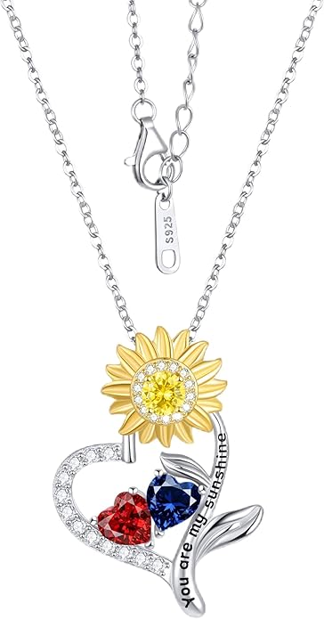 PERJI Valentine's Day Gifts for Women - 925 Sterling Silver Double Birthstone Sunflower Necklace, Anniversary Birthday Jewelry You are My Sunshine Gifts for Wife Couple Girlfriend 18"+2" Non Tarnish