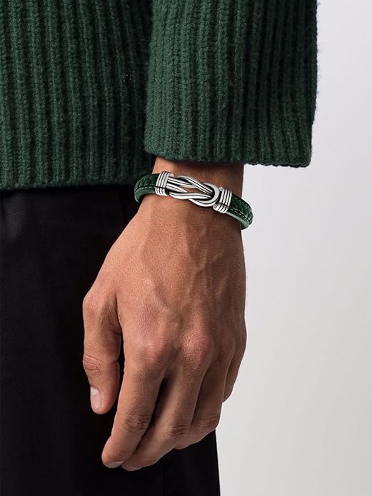Mens Black Braided Leather Bracelet, Green/Red/Brown/Black Braided Leather Infinity Knot Bracelets for Men with Stainless Steel Clasp, 7.5/8.5/9in Length