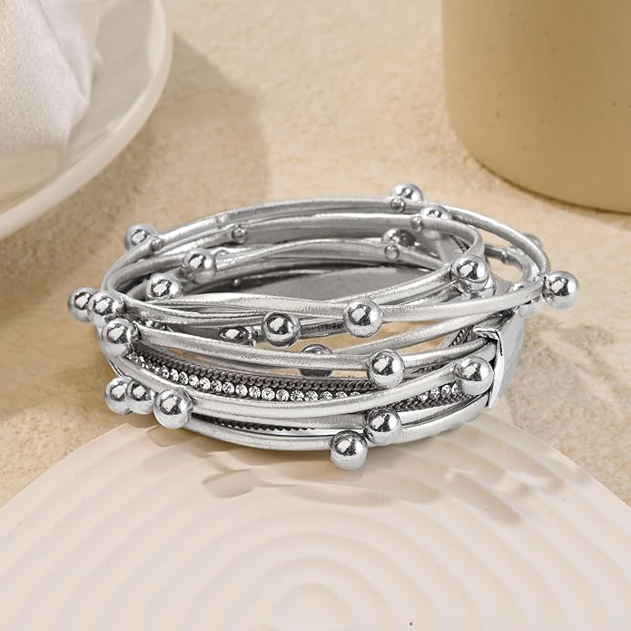 ENGCKSHI Wrapped Bracelets for Women,Leather Bracelet,Boho Bracelets for Women,Multi-Layer Pearl Crystal Bracelet Bangle Jewelry