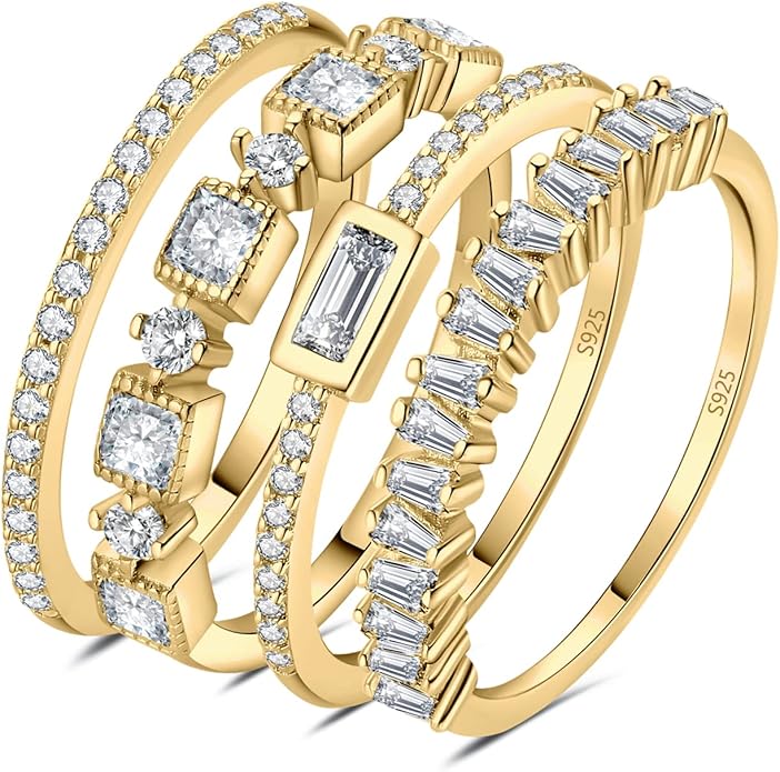 JewelryPalace 14K Gold Plated 925 Sterling Silver Rings for Women, Cubic Zirconia Promise Rings for Her, Stackable Wedding Bands Rings for Women Set Size 4-12
