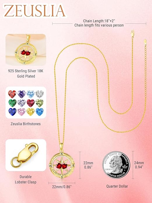 Zeuslia Double Birthstone Necklace Gifts for Wife - 925 Sterling Silver Sunflower/Rose/Crown Cross/Compass/Heart Pendant I Love You Necklace, Anniversary Birthday Gifts for Wife Girlfriend Mom Her