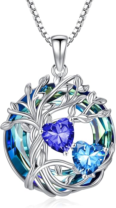 TOUPOP s925 Sterling Silver Family Celtic Tree of Life Pendant Necklaces with 2 Heart Birthstone with Blue Austrian Crystal Jewelry Birthday Anniversary Christmas Gifts for Her Wife Girlfriend Mom (18K Real White Gold Filled)