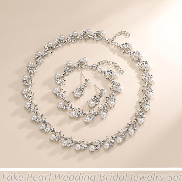 la luen Pearl Bride Wedding Jewelry Set Faux Pearls Crystal Rhinestone Necklace Earrings Bracelet Sets for Women Bridesmaid(3 PCS)