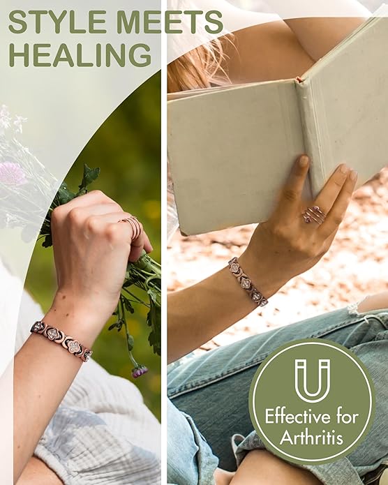 Feraco Pure Copper Bracelets for Women, Ultra Strength Magnetic Therapy Bracelet for Pain Relief with Neodymium Magnets & Sparkling Cubic Zirconia, Adjustable, Infinite Clover Jewelry