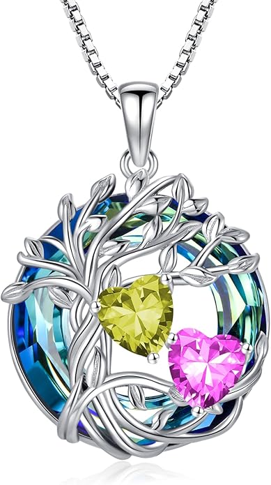 TOUPOP s925 Sterling Silver Family Celtic Tree of Life Pendant Necklaces with 2 Heart Birthstone with Blue Austrian Crystal Jewelry Birthday Anniversary Christmas Gifts for Her Wife Girlfriend Mom (18K Real White Gold Filled)