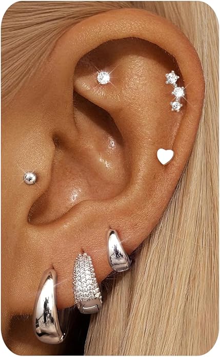 Hypoallergenic 14K Gold Plated Hoop Stud Earrings for Women Surgical Stainless Steel Flat Back Earrings Lightweight Small Chunky Huggie Hoops Cartilage Earring Stacks for Multiple Piercing Women Gifts