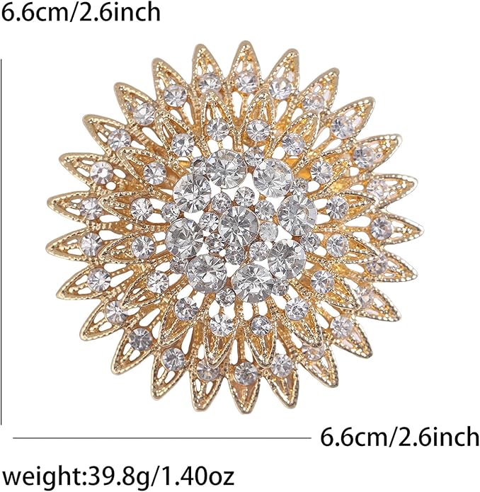 Vintage Rhinestone Round Flower Brooch Pin for Women,Sparkling Floral Lapel Pins Fashion Crystal Cluster Brooches Elegant Dress Accessories Christmas Wedding Jewelry