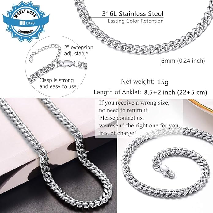 PROSTEEL Stainless Steel Chain Anklets for Women, Silver/Gold Tone, Ankle Bracelets Hypoallergenic, 8-10.5 Inch Adjustable, Come with Box