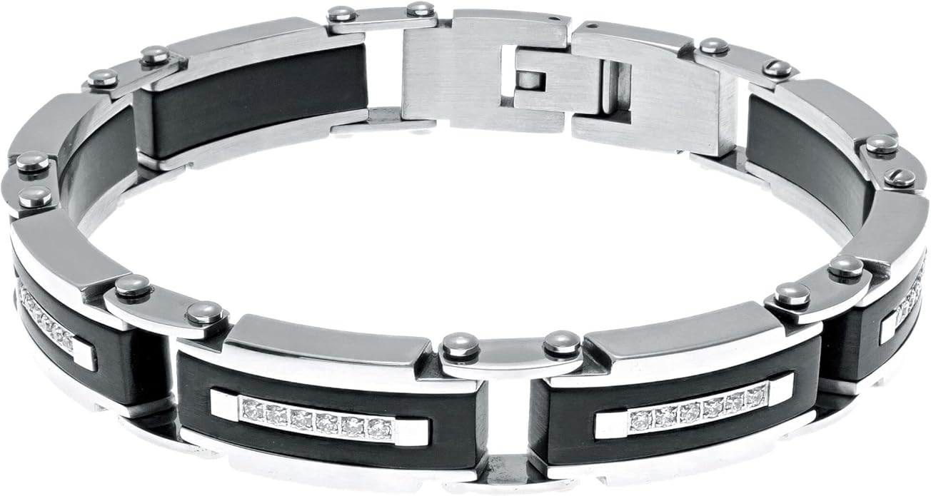 Metro Jewelry Stainless Steel with Black Ion Plating Thick Link Bracelet for Men - 8.5 Inches Long 12 mm Wide with Fold Over Clasp and Cubic Zirconia