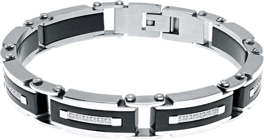 Metro Jewelry Stainless Steel with Black Ion Plating Thick Link Bracelet for Men - 8.5 Inches Long 12 mm Wide with Fold Over Clasp and Cubic Zirconia