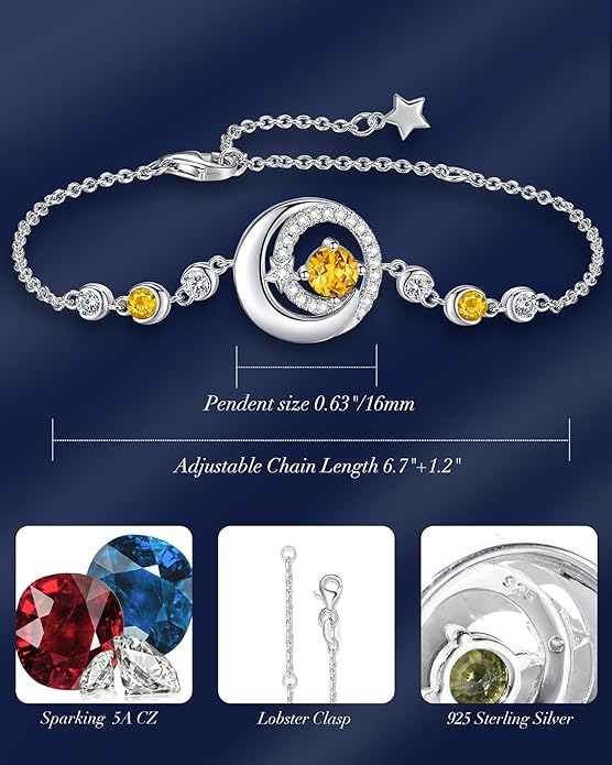 FANCIME Birthstone Bracelets 925 Sterling Silver Moon and Star Bangle Charm Bracelet Fine Jewelry Birthday Anniversary Christmas Day Gift for Her Women, Adjustable Chain 6.7"+1.2" Extend