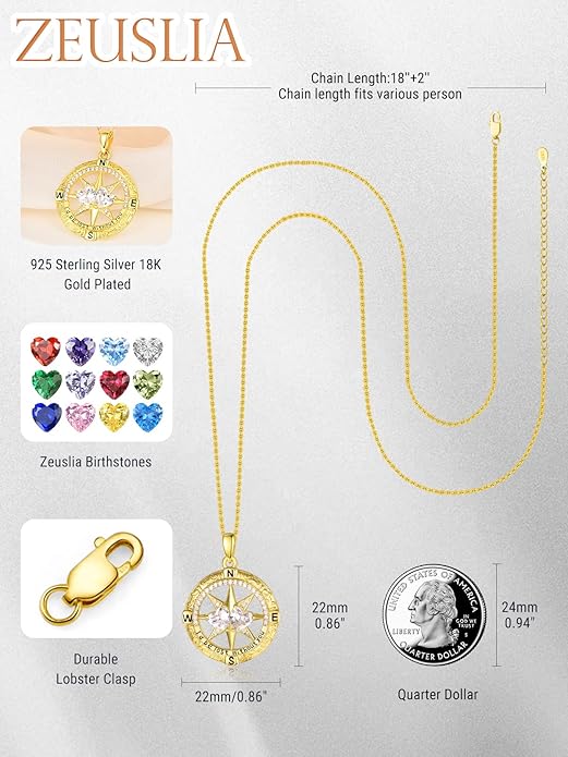 Zeuslia Double Birthstone Necklace Gifts for Wife - 925 Sterling Silver Sunflower/Rose/Crown Cross/Compass/Heart Pendant I Love You Necklace, Anniversary Birthday Gifts for Wife Girlfriend Mom Her