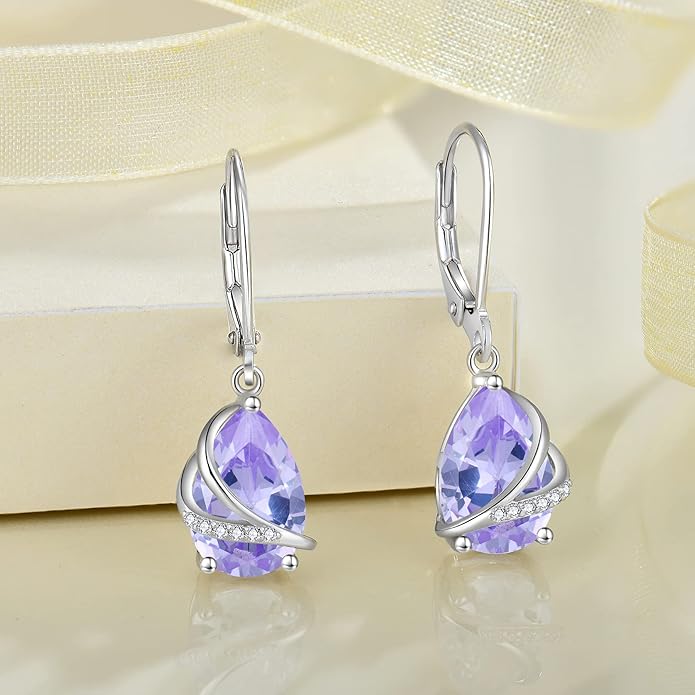 Birthstone Dangle Drop Earrings for Women 925 Sterling Silver Teardrop Leverback Earrings Jewelry Gifts for Wife Mother Her