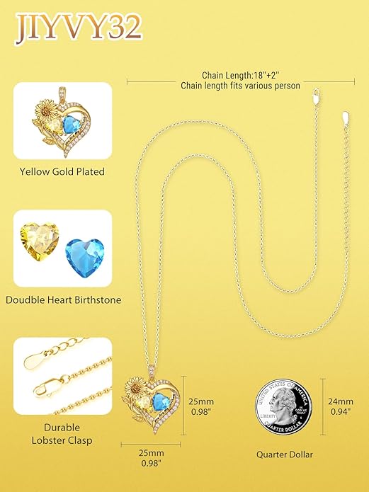 Sunflower Heart Necklace for Women 14K Gold Exquisite Anniversary Birthday Gifts for Wife Mother Her Double Birthstone Pendant jewelry‘You Are My Sunshine’
