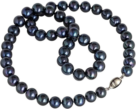 II ROUND PEARL II Real Black Pearl Necklace for Women Pearl Jewelry for Men Sterling Silver Genuine Cultured Freshwater Wedding Anniversary Birthday Gift Strand