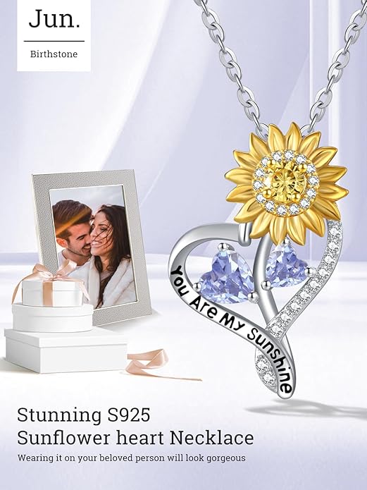 Zeuslia Double Birthstone Necklace Gifts for Wife - 925 Sterling Silver Sunflower/Rose/Crown Cross/Compass/Heart Pendant I Love You Necklace, Anniversary Birthday Gifts for Wife Girlfriend Mom Her